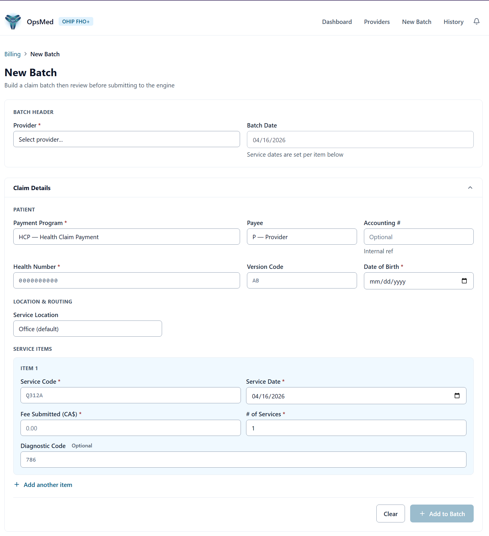 OpsMed claim form with validation pipeline and pre-submission checks