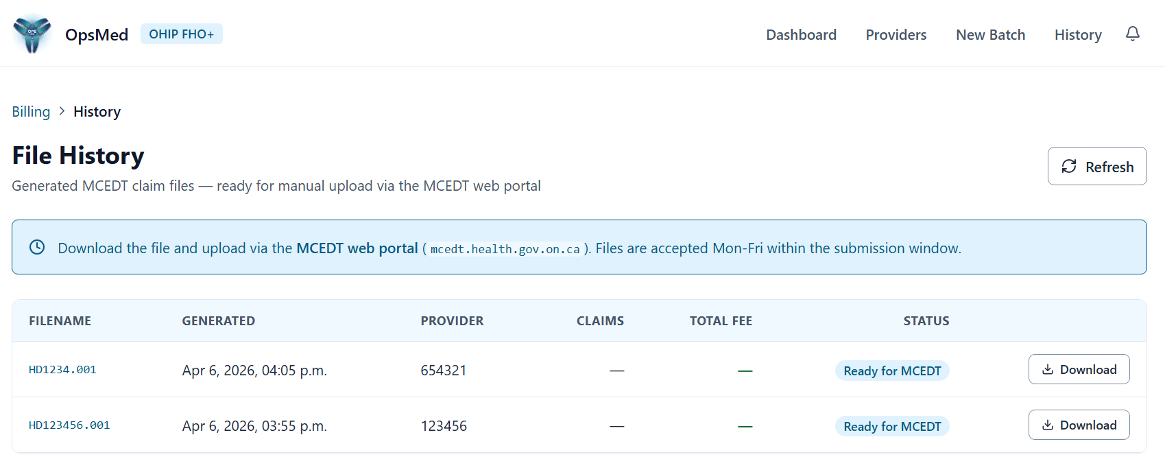Claim file history view showing version timeline, submission events, and reconciliation status