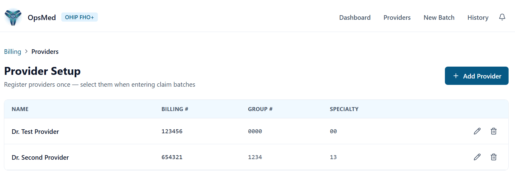 Provider setup screen for billing numbers, group configuration, and fee-code defaults